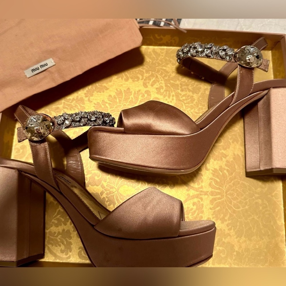 Miu Miu Rose Satin Platform Sandals with Crystal Embellishments
Worn only once. - Picture 2 of 3